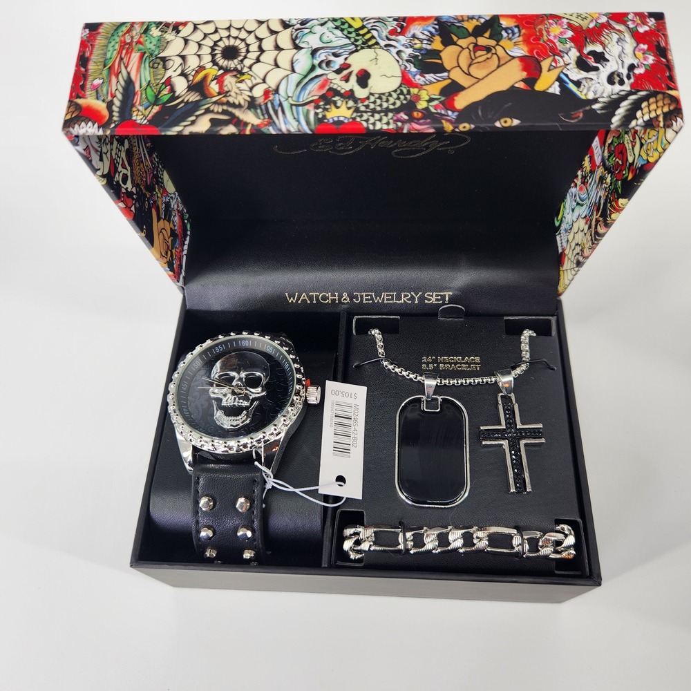 Ed Hardy Watch Jewelry Set Skull Dog Tag Cross‎ Necklace Bracelet MO246S-42-B02
